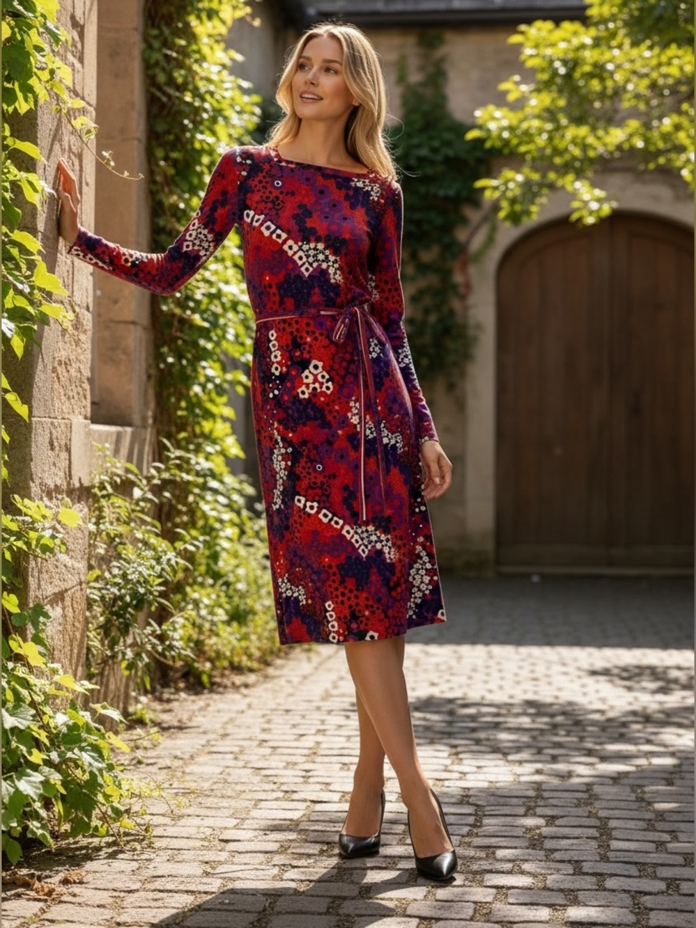 Goldworm Vintage Italy Merino Wool Knit Dress Red Purple Mod Psychedelic Floral